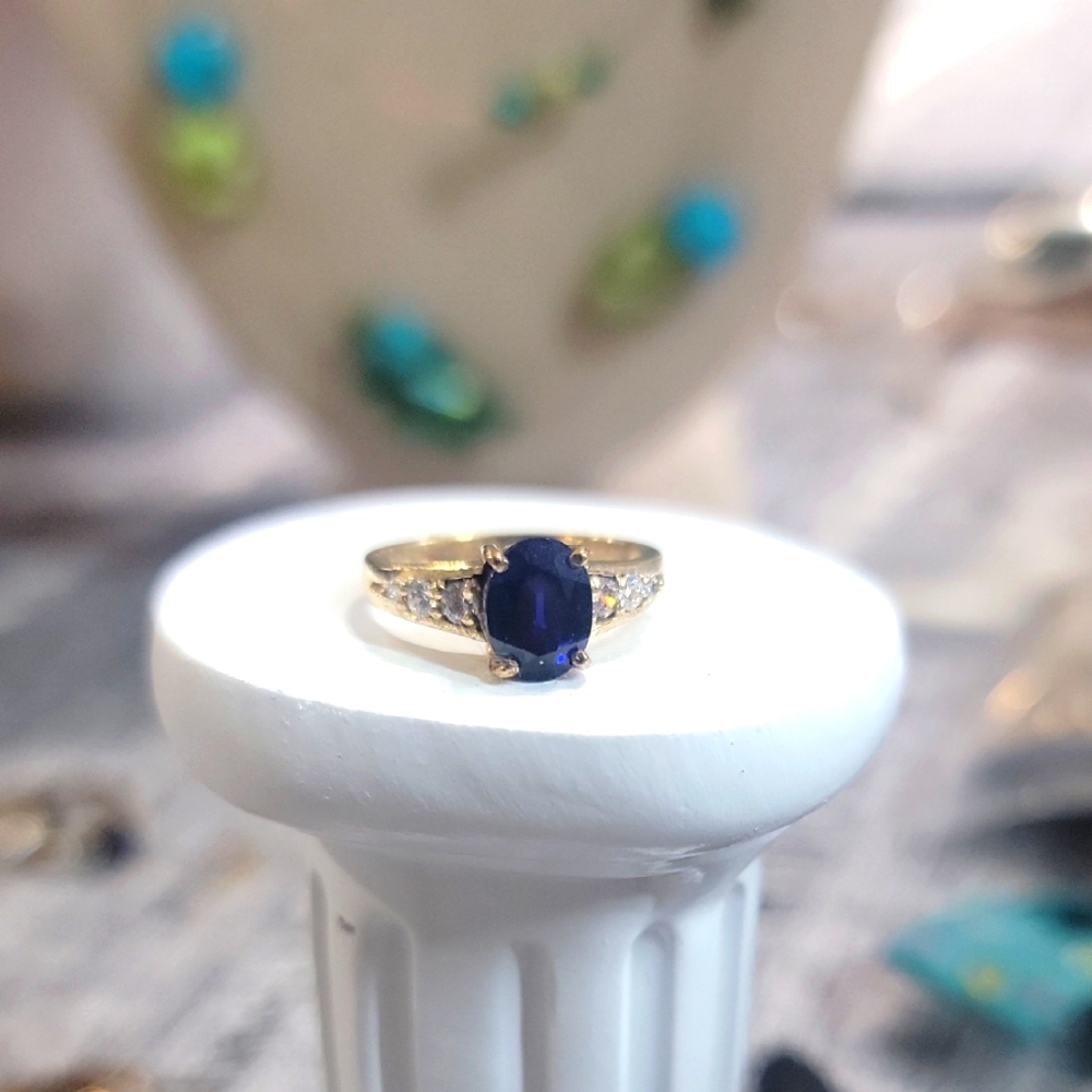 Silver 925 Gold Plated Elegant Oval Blue Stone Ring Sizes 6, 7, 7.5, 8